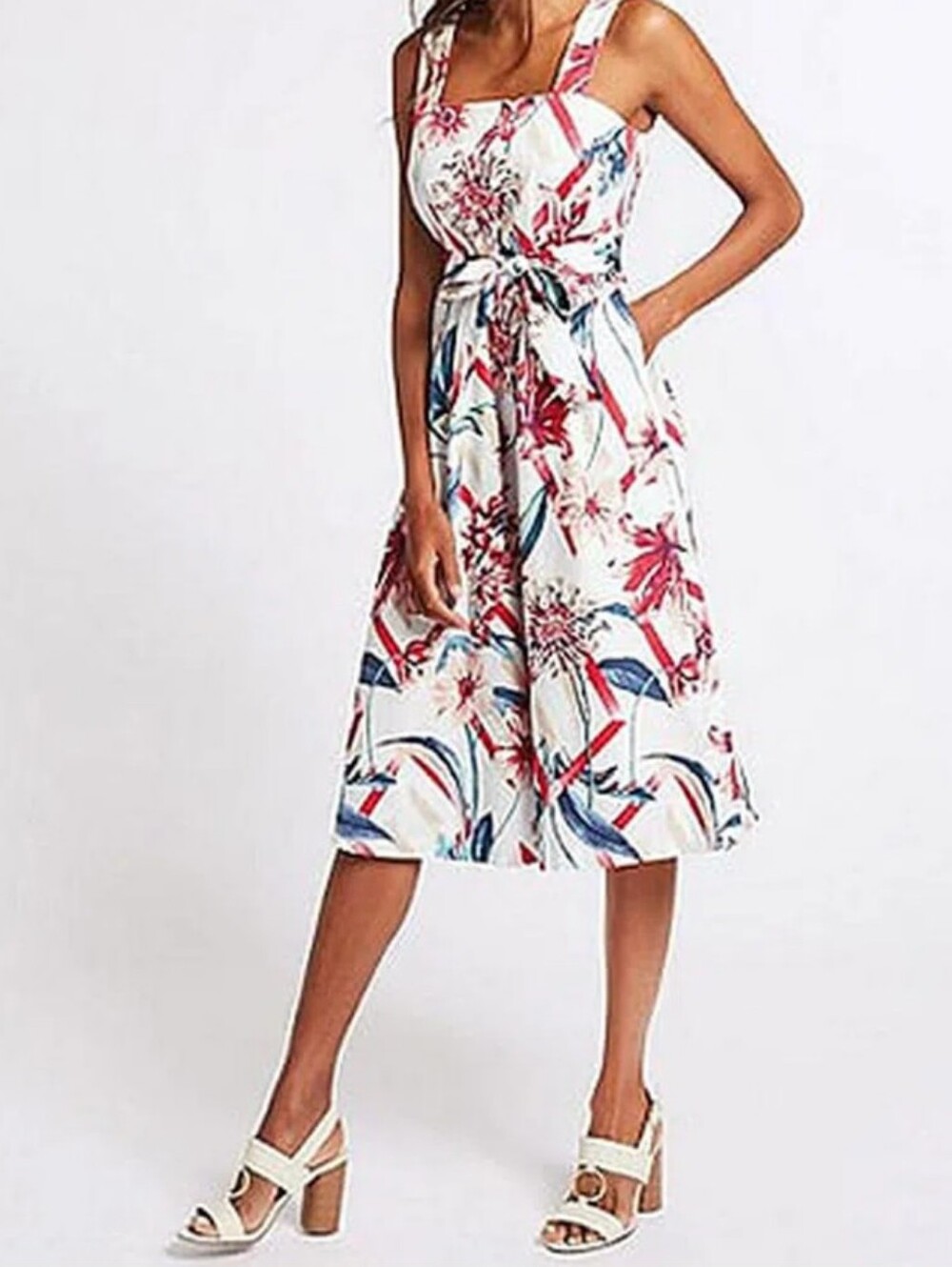 M & S Collection Floral Tie-Waist Sundress - White with Red & Blue Floral Print.
